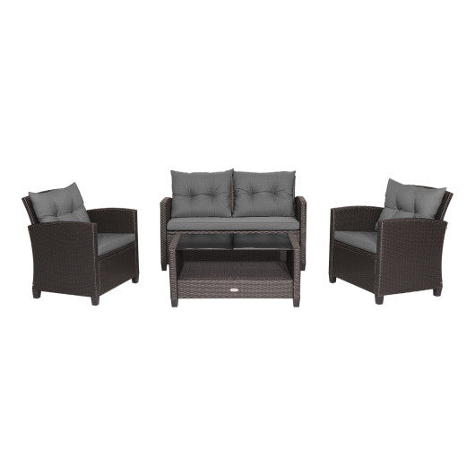 4 Pieces Patio Rattan Conversation Furniture Set with Glass Top Coffee Table-Gray