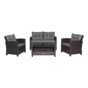 4 Pieces Patio Rattan Conversation Furniture Set with Glass Top Coffee Table-Gray