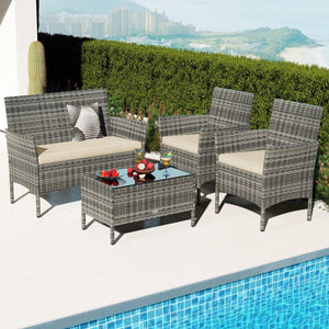 4 Pieces Patio Rattan Conversation Set with Tempered Glass Coffee Table-Beige