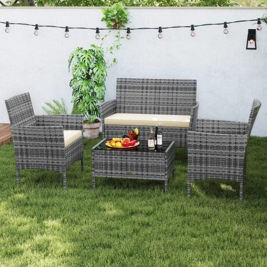 4 Pieces Patio Rattan Conversation Set with Tempered Glass Coffee Table-Beige