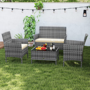 4 Pieces Patio Rattan Conversation Set with Tempered Glass Coffee Table-Beige