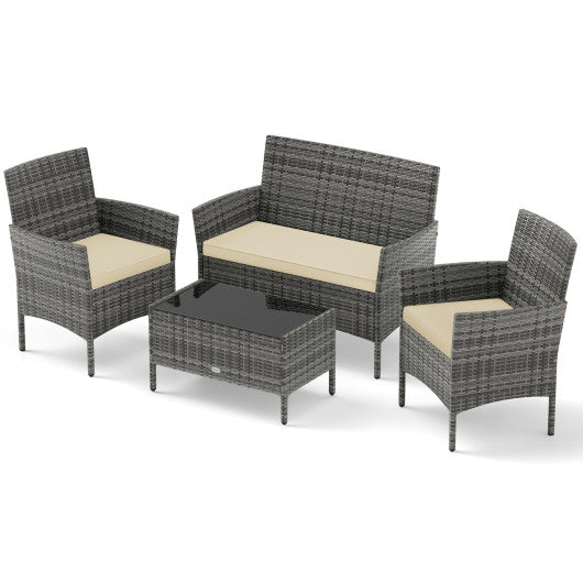 4 Pieces Patio Rattan Conversation Set with Tempered Glass Coffee Table-Beige