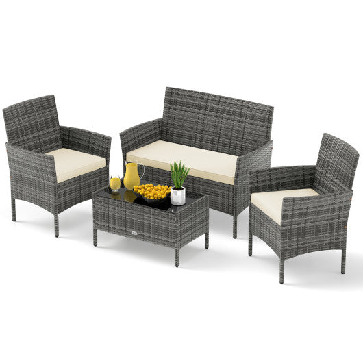 4 Pieces Patio Rattan Conversation Set with Tempered Glass Coffee Table-Beige