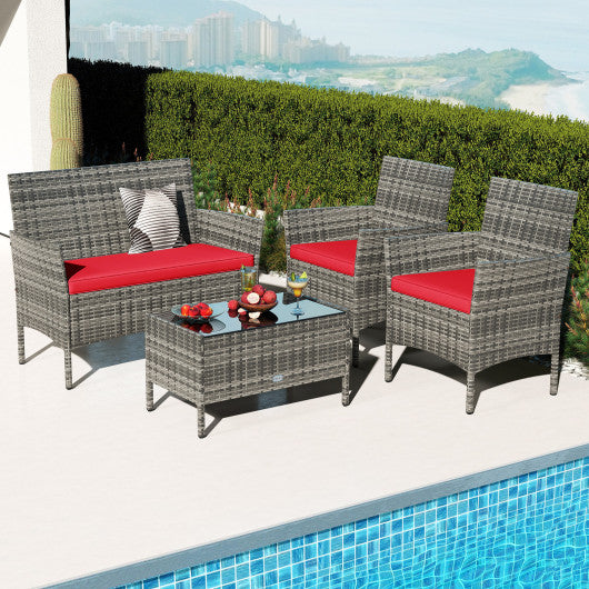4 Pieces Patio Rattan Conversation Set with Tempered Glass Coffee Table-Red