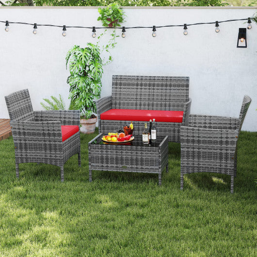 4 Pieces Patio Rattan Conversation Set with Tempered Glass Coffee Table-Red
