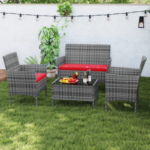 4 Pieces Patio Rattan Conversation Set with Tempered Glass Coffee Table-Red
