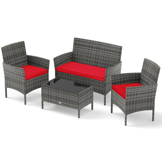 4 Pieces Patio Rattan Conversation Set with Tempered Glass Coffee Table-Red