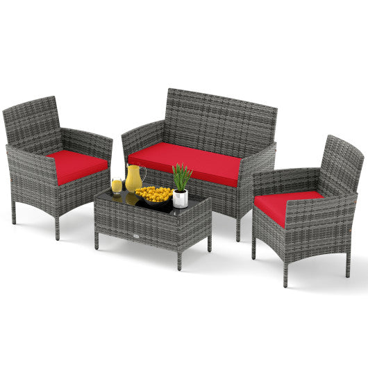 4 Pieces Patio Rattan Conversation Set with Tempered Glass Coffee Table-Red