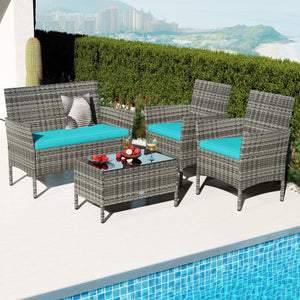 4 Pieces Patio Rattan Conversation Set with Tempered Glass Coffee Table-Turquoise