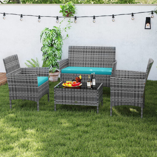 4 Pieces Patio Rattan Conversation Set with Tempered Glass Coffee Table-Turquoise