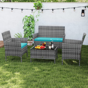 4 Pieces Patio Rattan Conversation Set with Tempered Glass Coffee Table-Turquoise
