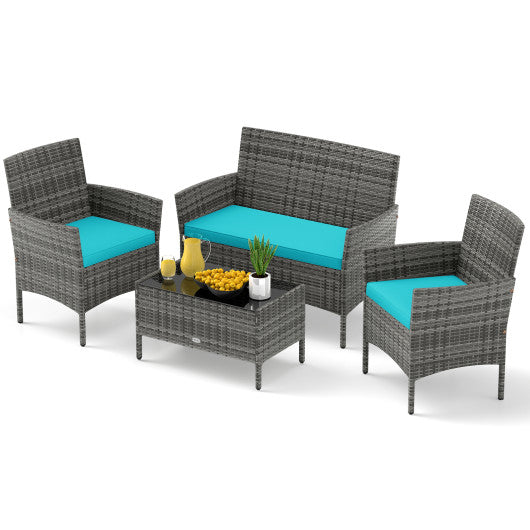 4 Pieces Patio Rattan Conversation Set with Tempered Glass Coffee Table-Turquoise