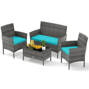 4 Pieces Patio Rattan Conversation Set with Tempered Glass Coffee Table-Turquoise