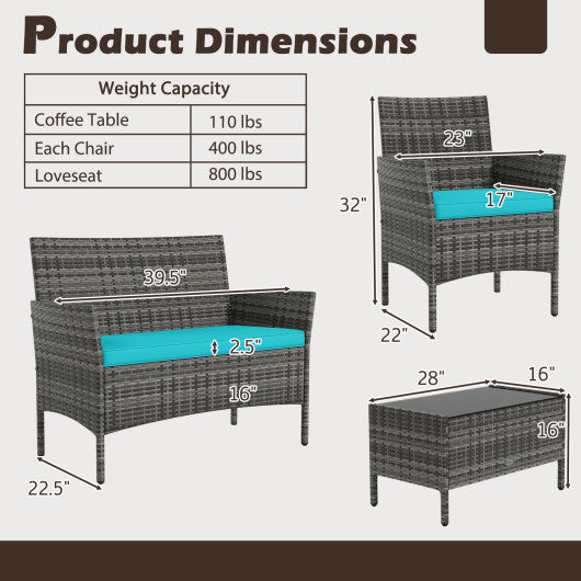 4 Pieces Patio Rattan Conversation Set with Tempered Glass Coffee Table-Turquoise