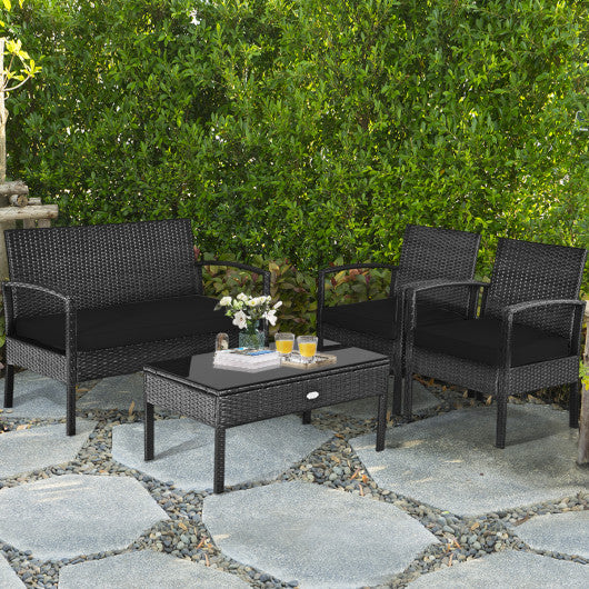 4 Pieces Patio Rattan Cushioned Furniture Set-Black