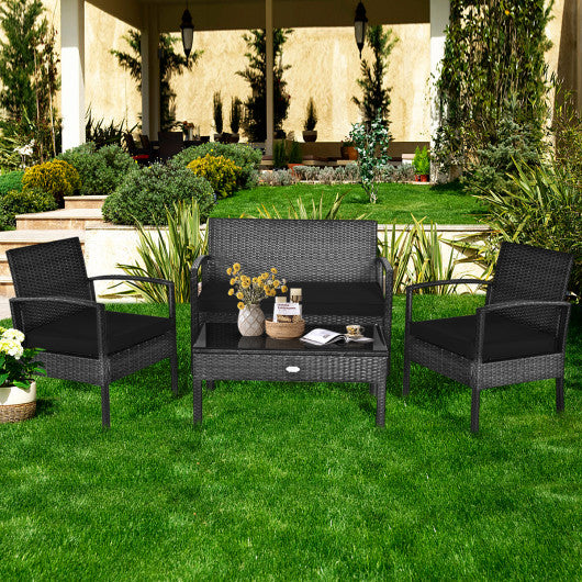 4 Pieces Patio Rattan Cushioned Furniture Set-Black