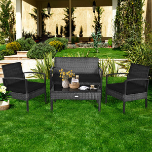 4 Pieces Patio Rattan Cushioned Furniture Set-Black