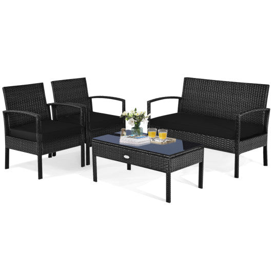 4 Pieces Patio Rattan Cushioned Furniture Set-Black