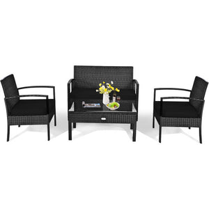 4 Pieces Patio Rattan Cushioned Furniture Set-Black