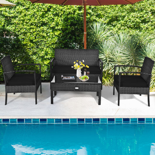 4 Pieces Patio Rattan Cushioned Furniture Set-Black