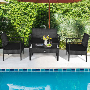 4 Pieces Patio Rattan Cushioned Furniture Set-Black