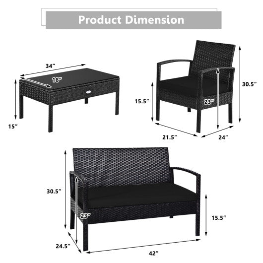 4 Pieces Patio Rattan Cushioned Furniture Set-Black