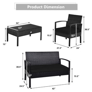 4 Pieces Patio Rattan Cushioned Furniture Set-Black