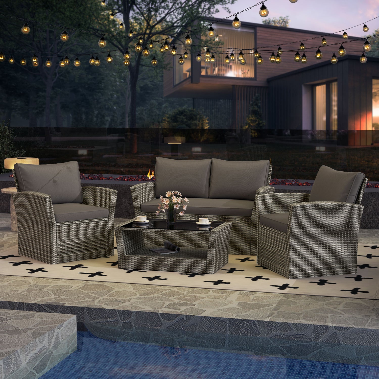 4 Pieces Patio Rattan Furniture Set Sofa Table with Storage Shelf Cushion-Gray