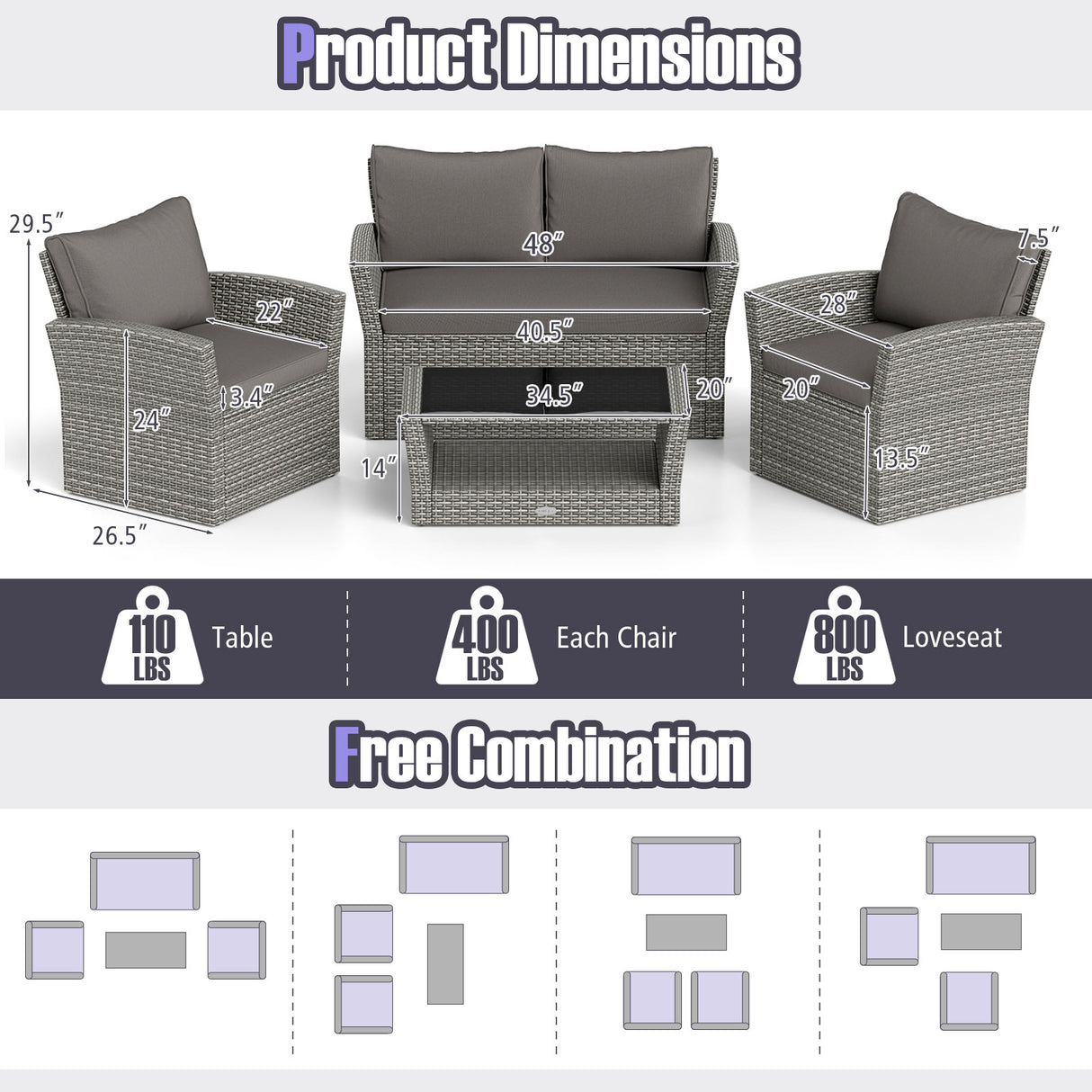 4 Pieces Patio Rattan Furniture Set Sofa Table with Storage Shelf Cushion-Gray