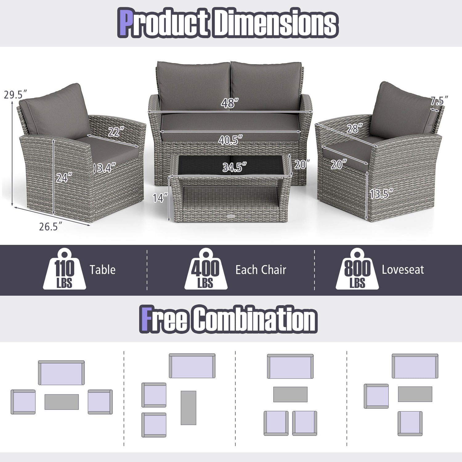 4 Pieces Patio Rattan Furniture Set Sofa Table with Storage Shelf Cushion-Gray