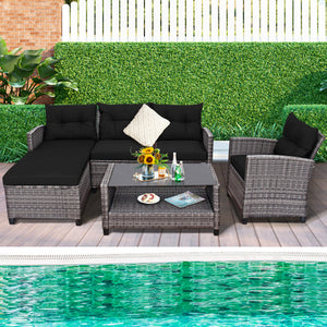 4 Pieces Patio Rattan Sofa Furniture Set with Cushion and 2-Tier Coffee Table-Black