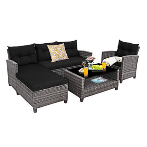 4 Pieces Patio Rattan Sofa Furniture Set with Cushion and 2-Tier Coffee Table-Black