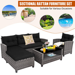 4 Pieces Patio Rattan Sofa Furniture Set with Cushion and 2-Tier Coffee Table-Black