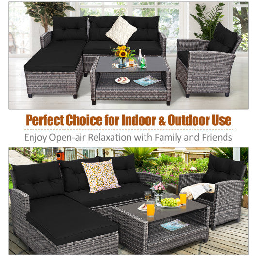 4 Pieces Patio Rattan Sofa Furniture Set with Cushion and 2-Tier Coffee Table-Black