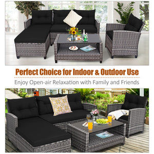 4 Pieces Patio Rattan Sofa Furniture Set with Cushion and 2-Tier Coffee Table-Black