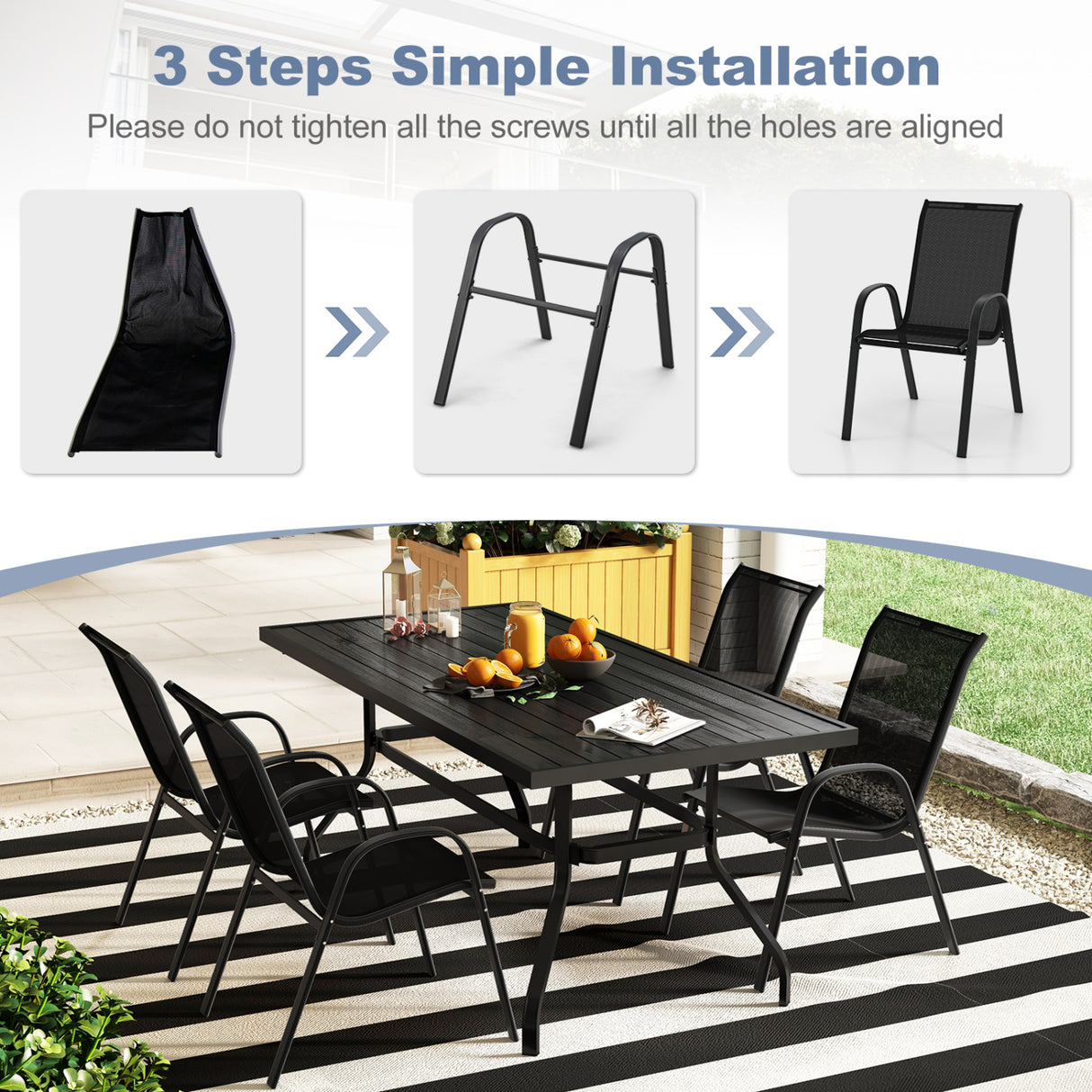 4 Pieces Stackable Patio Dining Chairs Set with Armrest-Black