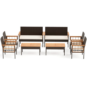 4 Pieces Wicker Furniture Set with Acacia Wood Tabletop and Armrests for Porch-White