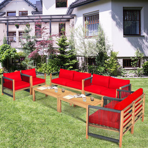 4 Pieces Wood Outdoor Patio Furniture Set with Cushions for Garden-Red