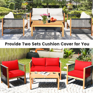4 Pieces Wood Outdoor Patio Furniture Set with Cushions for Garden-Red