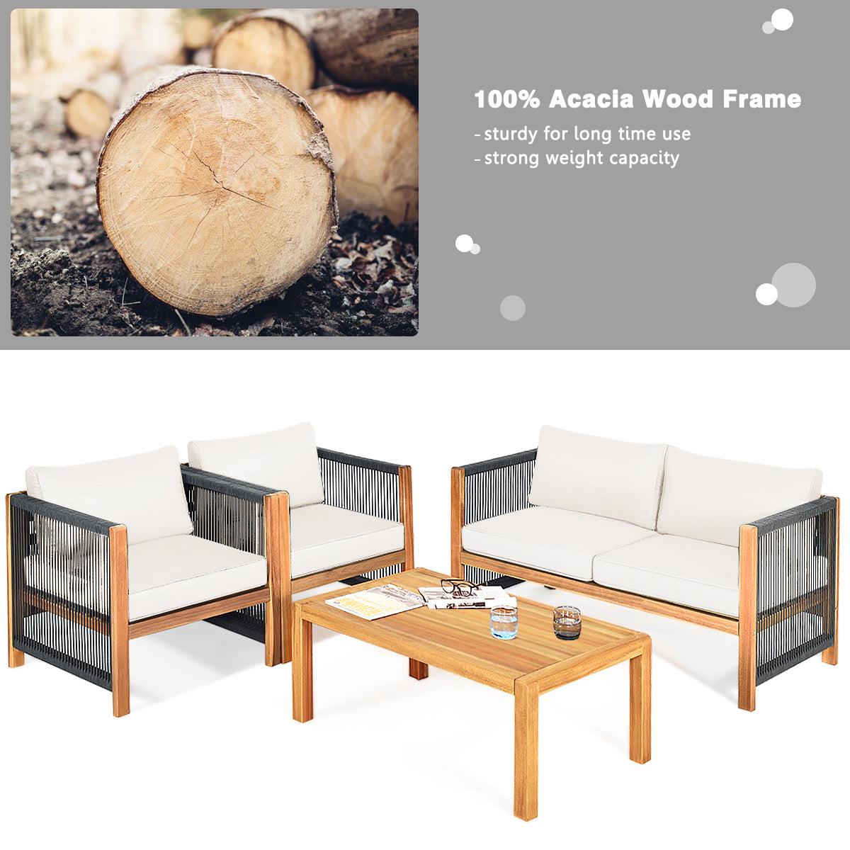 4 Pieces Wood Outdoor Patio Furniture Set with Cushions for Garden-Red