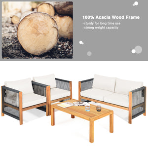 4 Pieces Wood Outdoor Patio Furniture Set with Cushions for Garden-Red