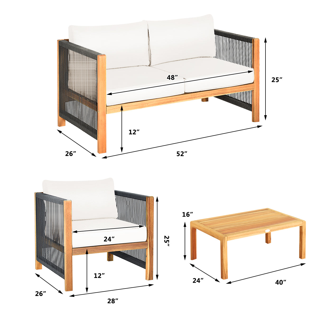 4 Pieces Wood Outdoor Patio Furniture Set with Cushions for Garden-Red