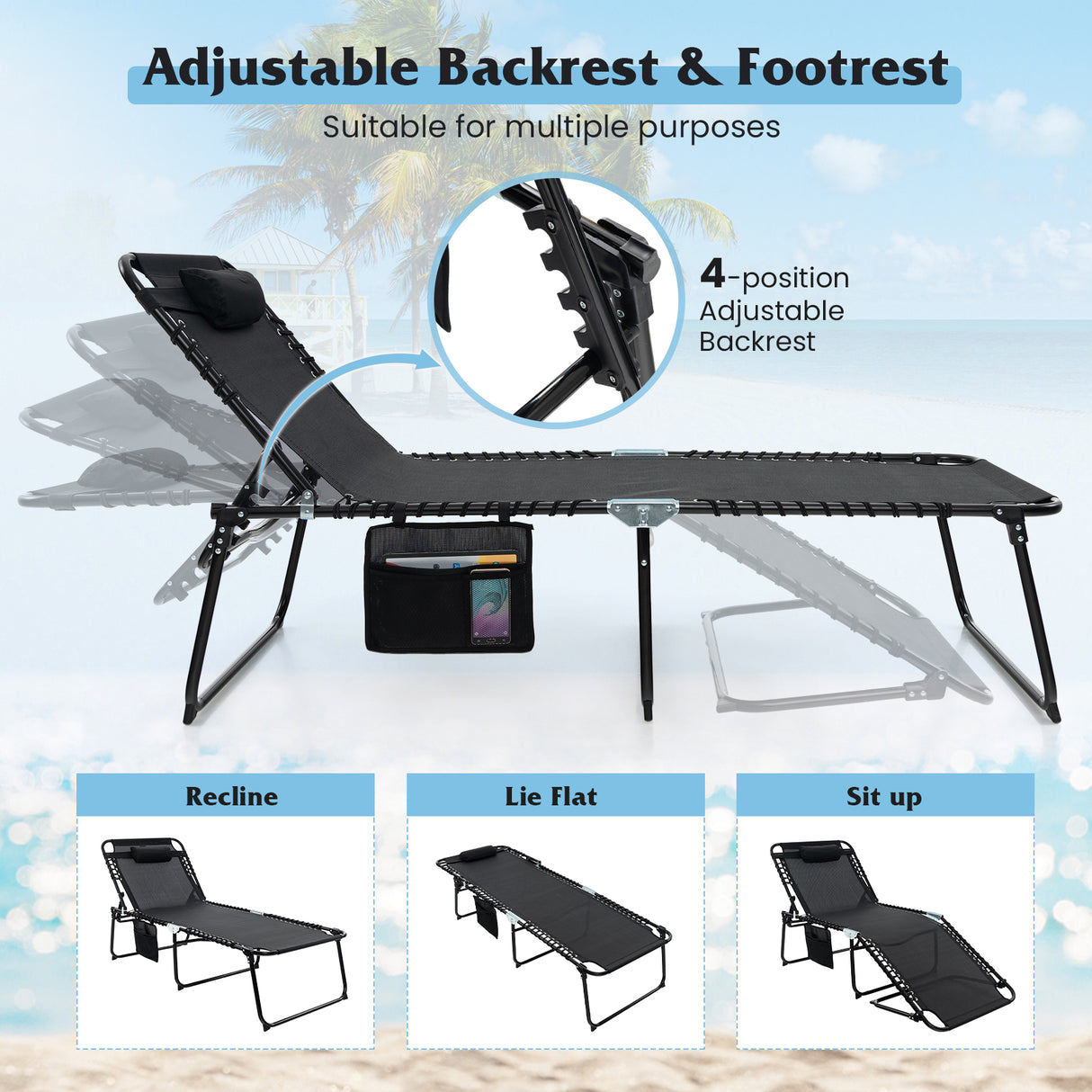 4 Position Folding Lounge Chaise with Adjustable Backrest and Footrest-Gray