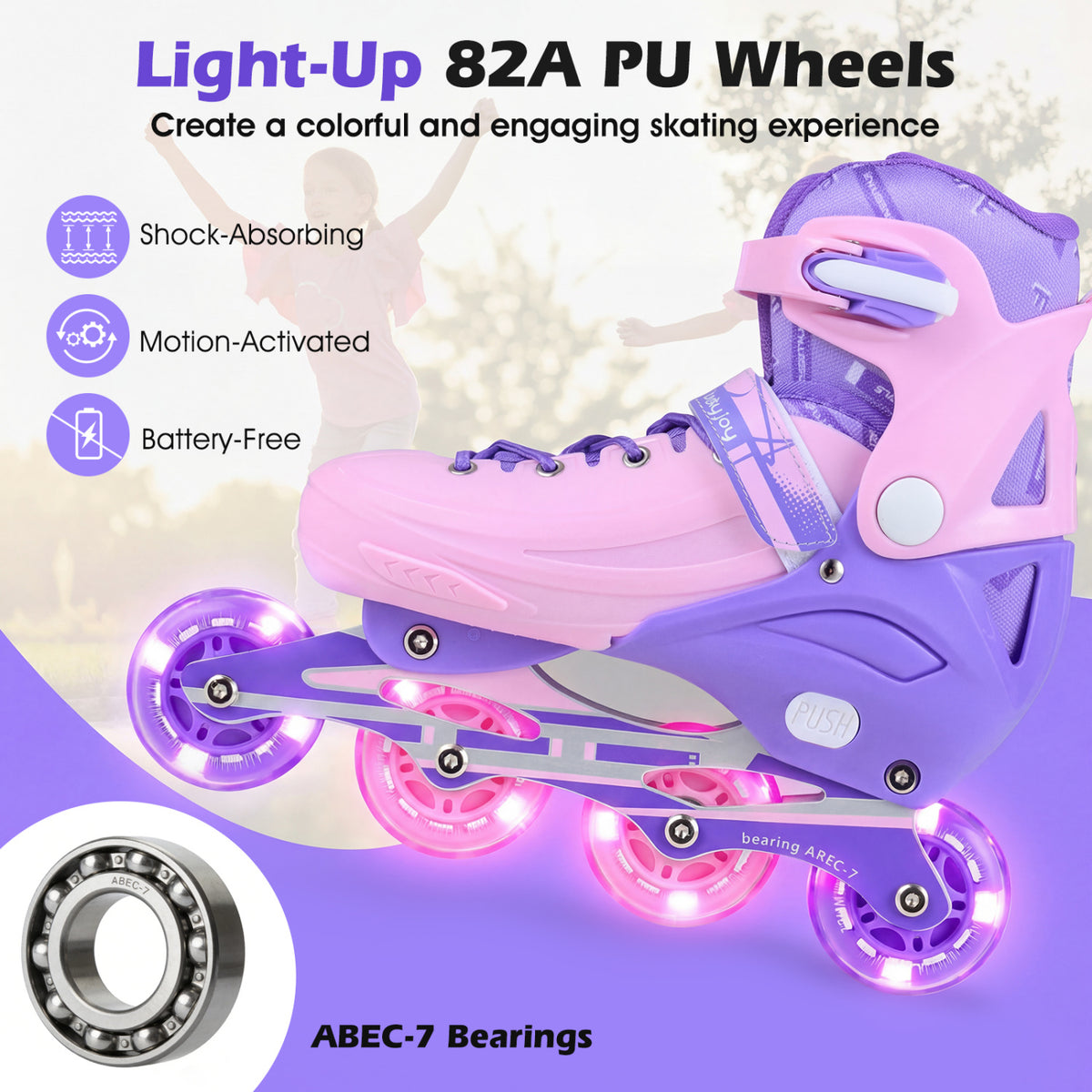 4-Size Adjustable Light-Up Kids Inline Skates for Kids Ages 9-14-Purple