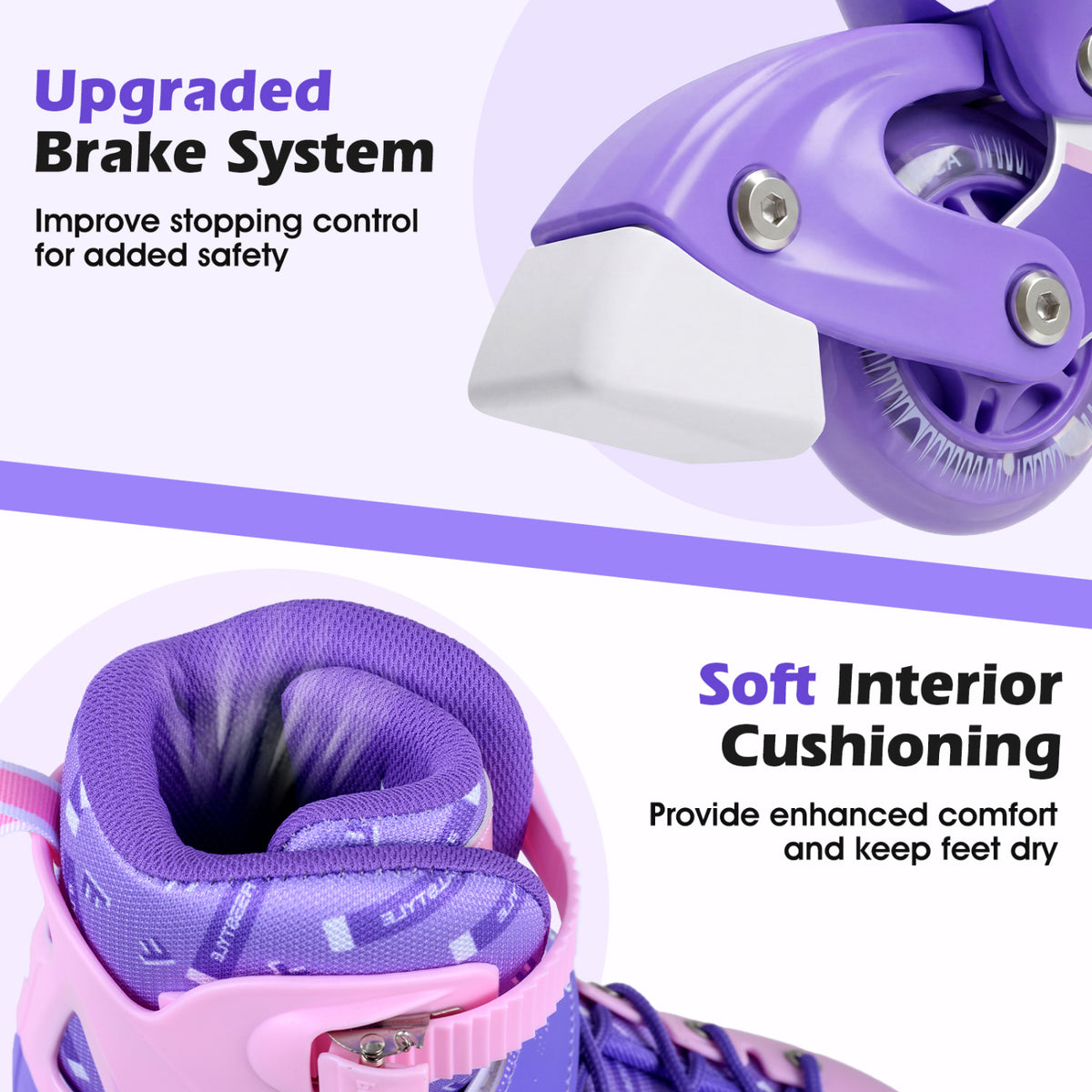 4-Size Adjustable Light-Up Kids Inline Skates for Kids Ages 9-14-Purple