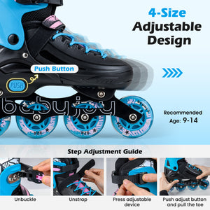 4-Size Adjustable Light-Up Kids Inline Skates for Kids Ages 9-14-Black
