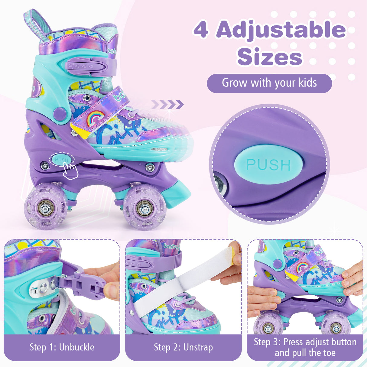 4 Sizes Adjustable Kids Roller Skates with Light-up Wheels and Safety Protection S Size-Purple