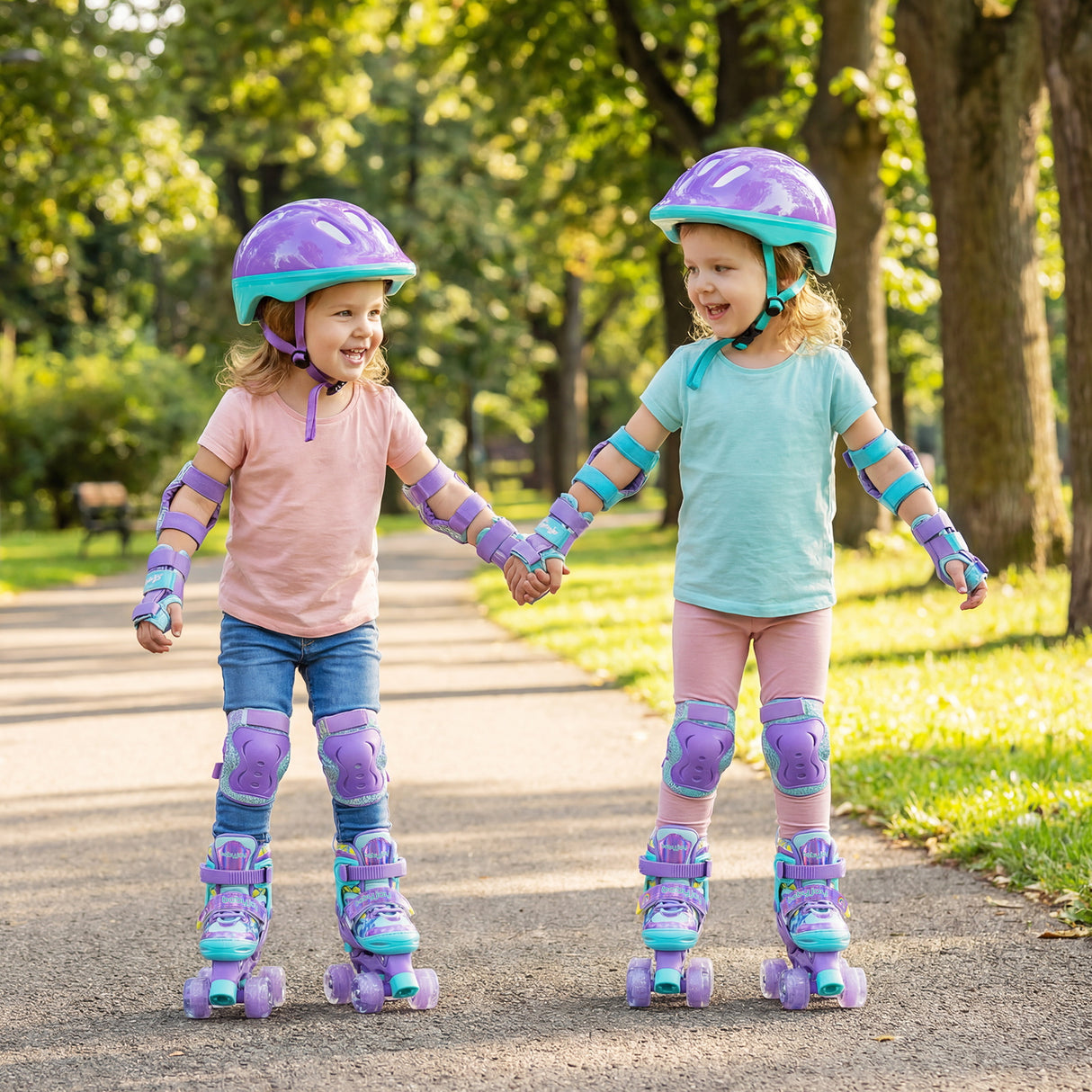 4 Sizes Adjustable  Kids Roller Skates with Light-up Wheels and Safety Protection-Purple
