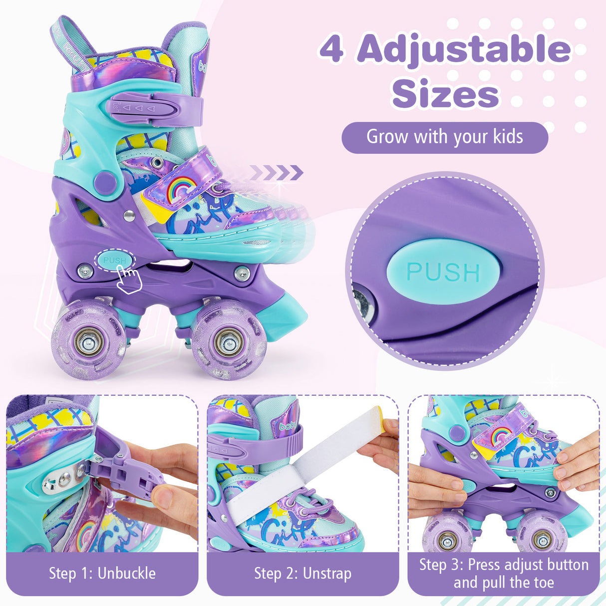 4 Sizes Adjustable  Kids Roller Skates with Light-up Wheels and Safety Protection-Purple