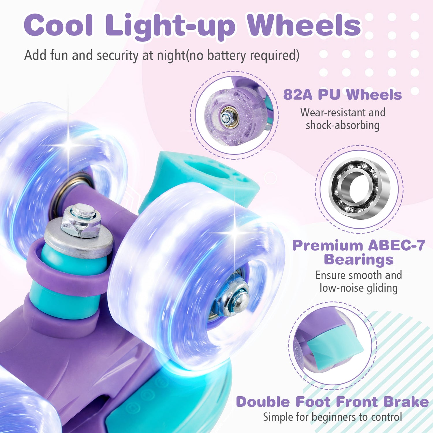 4 Sizes Adjustable  Kids Roller Skates with Light-up Wheels and Safety Protection-Purple